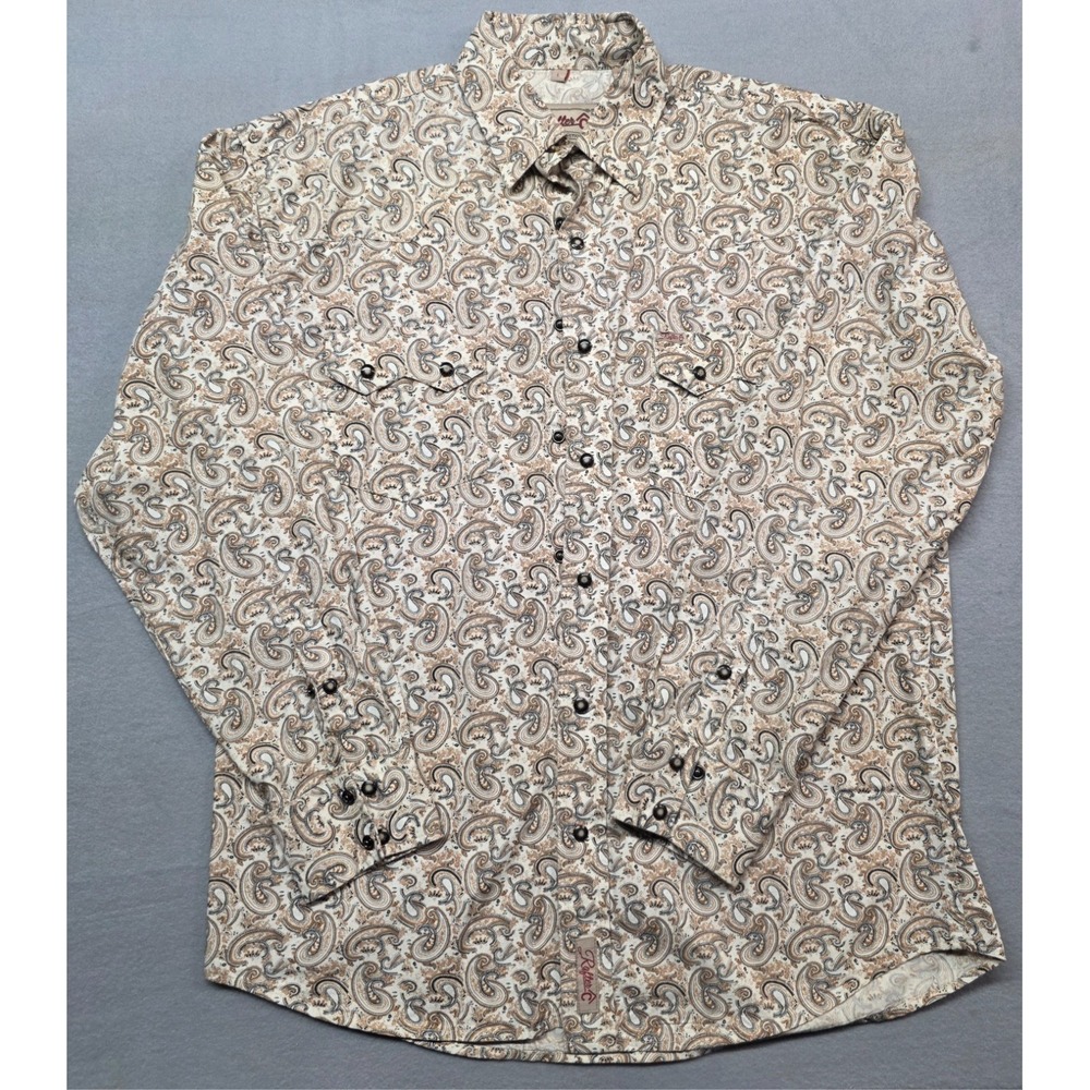 Rafter C Collection White Pearl-Snap Western Shirt Paisley, Size Large